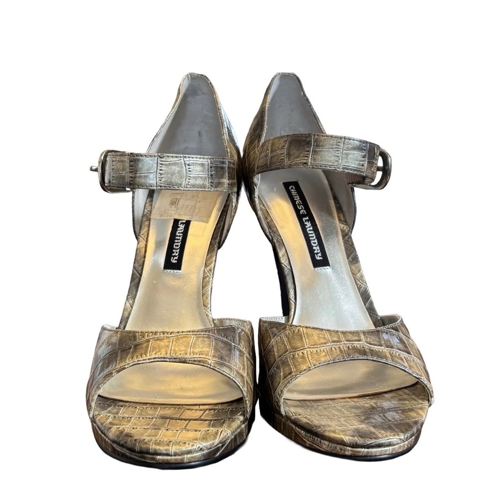Chinese Laundry Metallic Croc Embossed Platform Peep Toe Heels Gold Grey